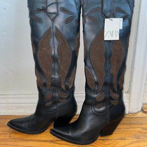Zara Knee High Mixed Suede Cowboy Boots Black and Brown